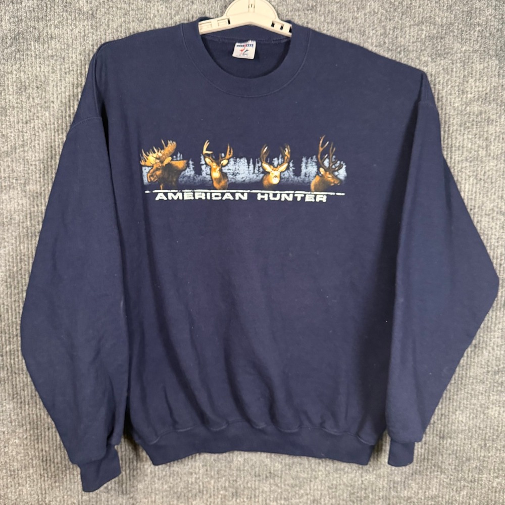 American Hunter Sweatshirt Mens XL Blue Vintage 90s Jerzees Deer Crewneck Cabin